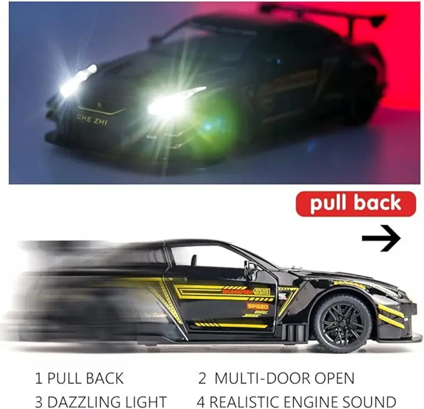 Nissan GTR Sports Model Diecast Metal Pull back Toy Car Light Music 1:24 Scale (Black)