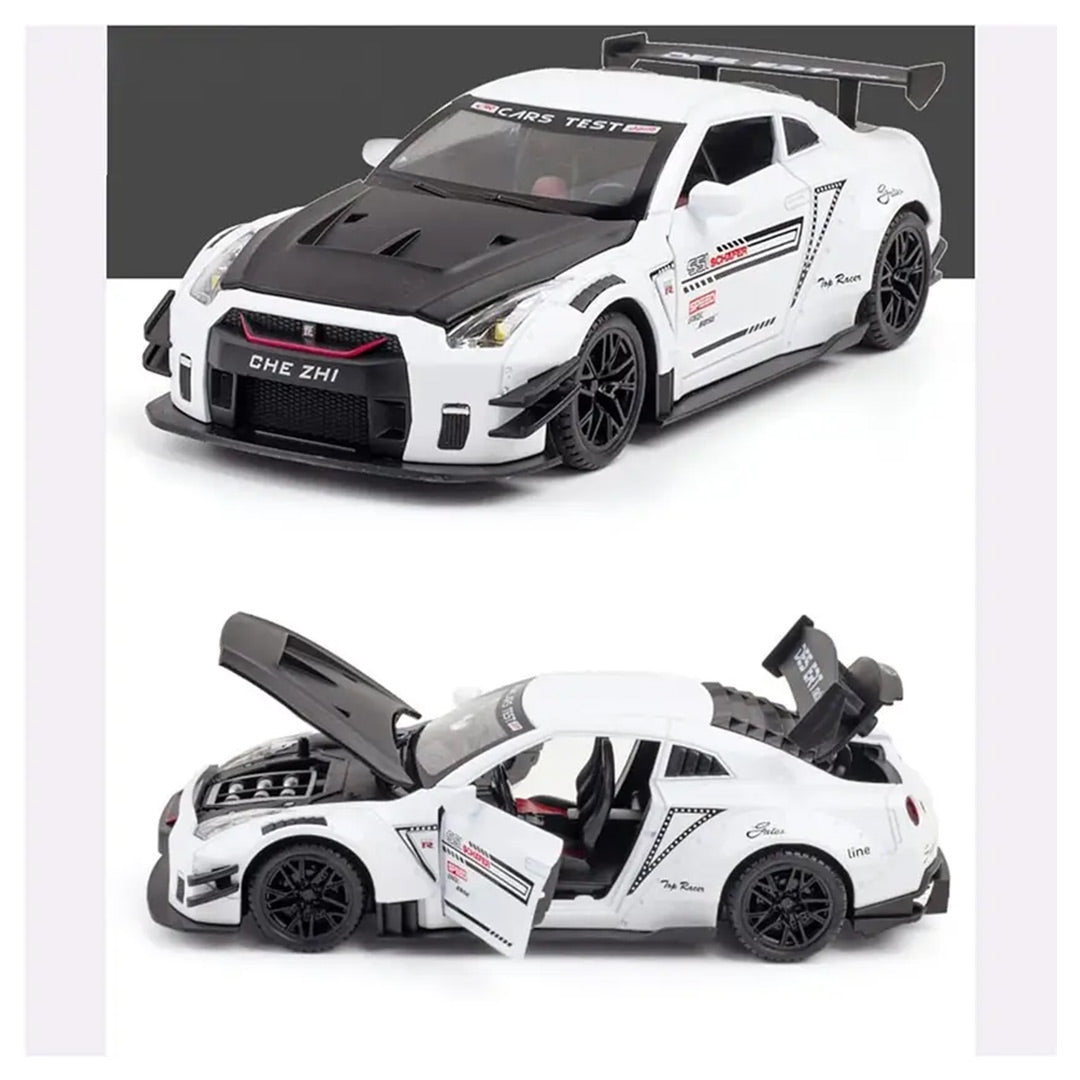 Nissan GTR Sports Model Diecast Metal Pull back Toy Car Light Music 1:24 Scale (White)