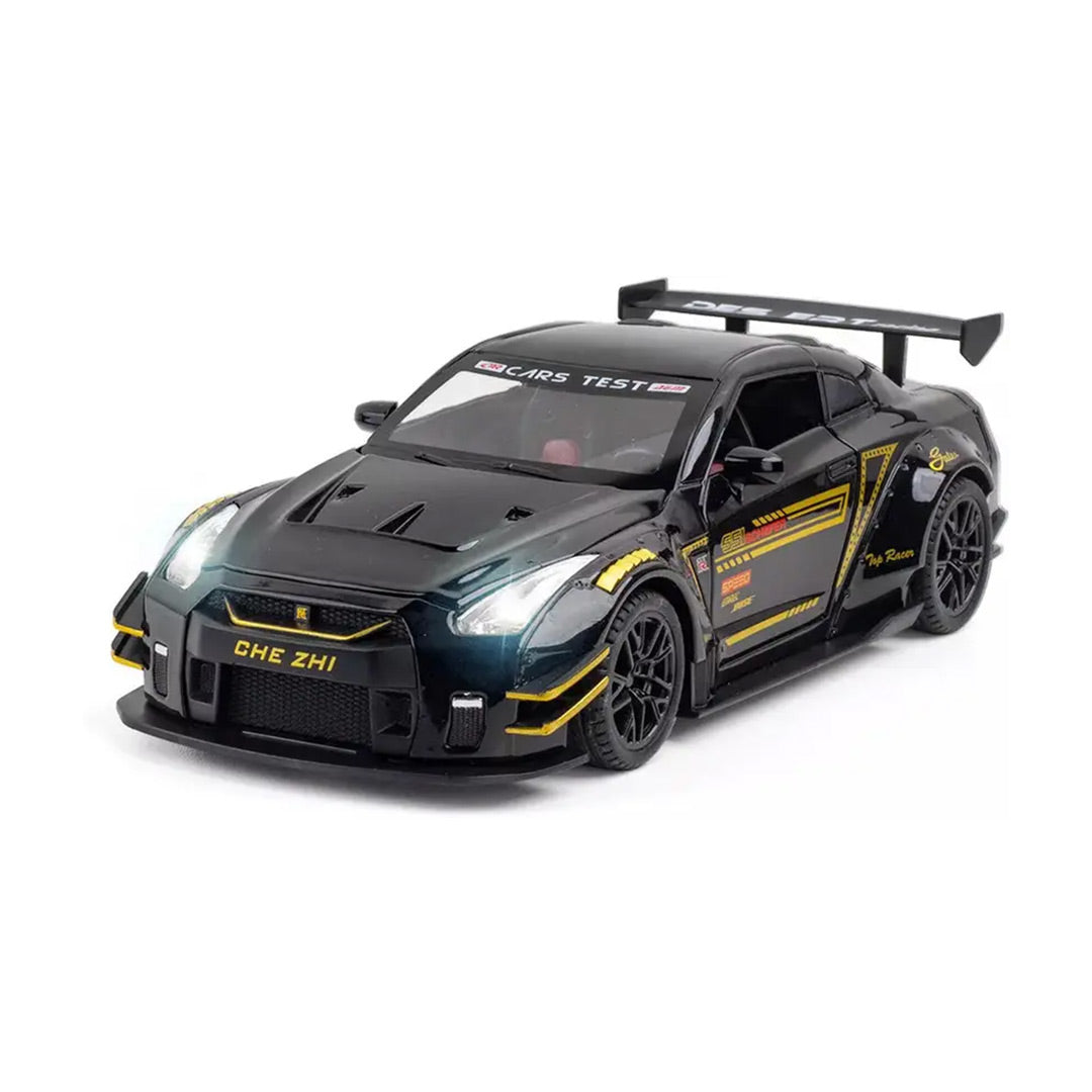 Nissan GTR Sports Model Diecast Metal Pull back Toy Car Light Music 1:24 Scale (Black)