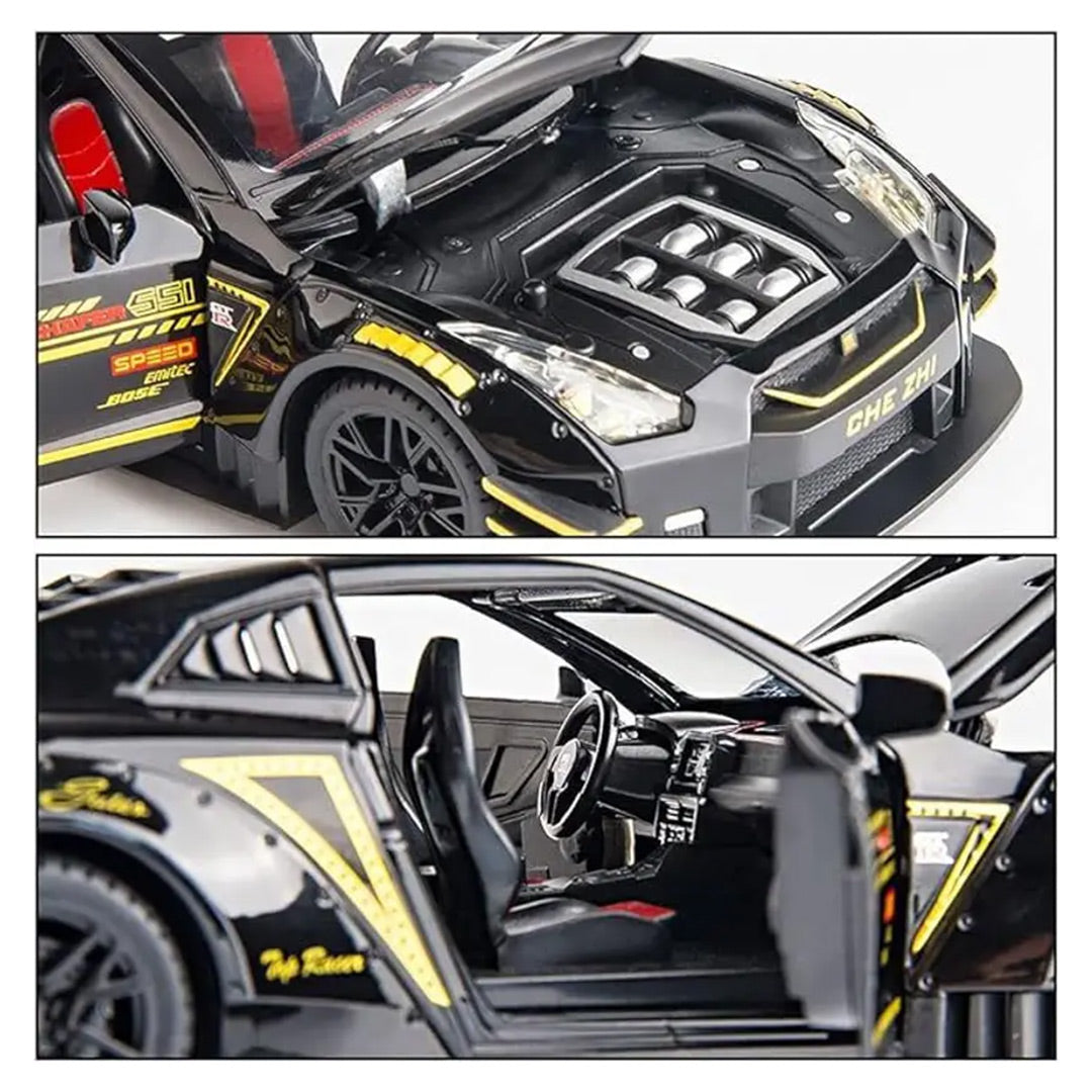 Nissan GTR Sports Model Diecast Metal Pull back Toy Car Light Music 1:24 Scale (Black)