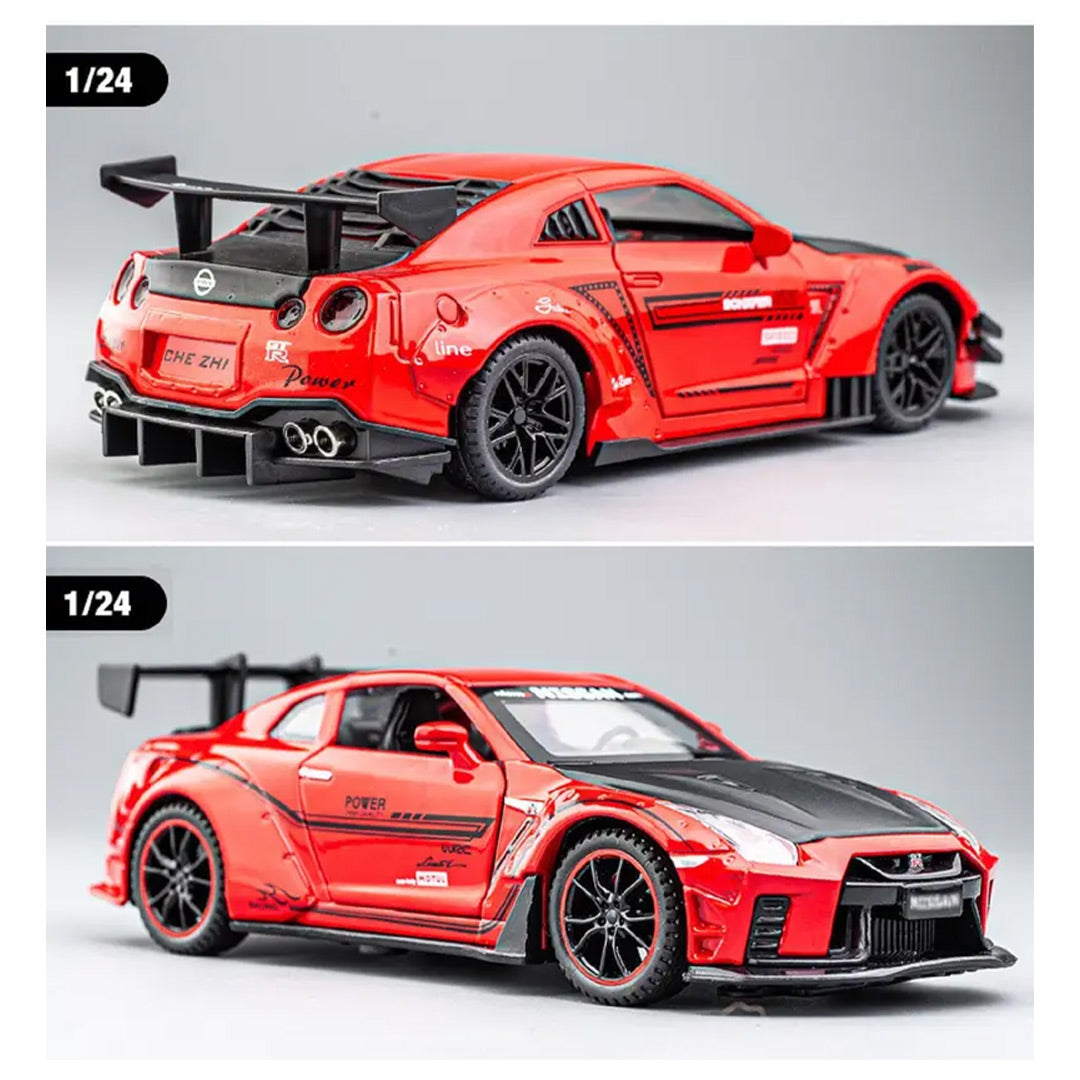Nissan GTR Sports Model Diecast Metal Pull back Toy Car Light Music 1:24 Scale (Red)