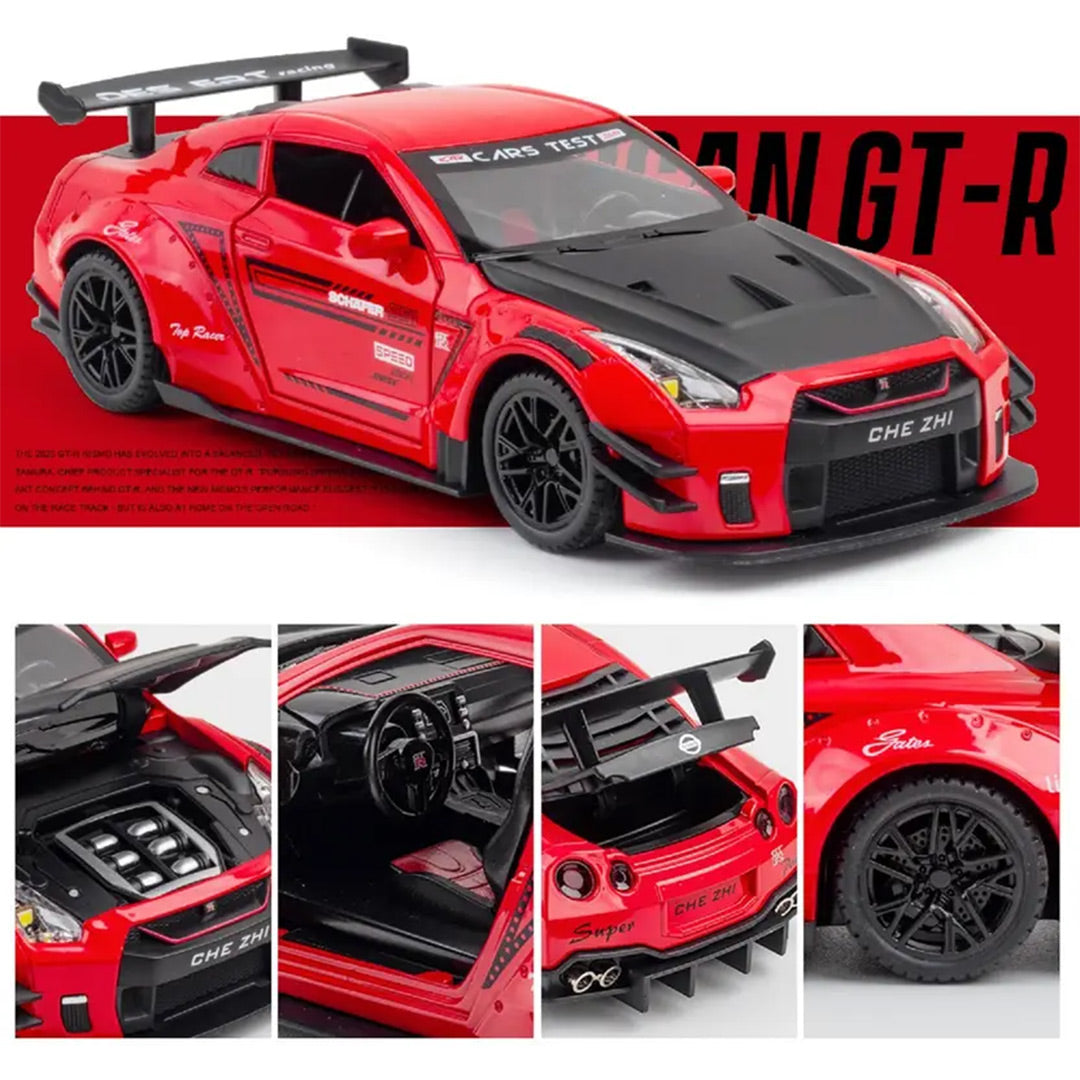 Nissan GTR Sports Model Diecast Metal Pull back Toy Car Light Music 1:24 Scale (Red)