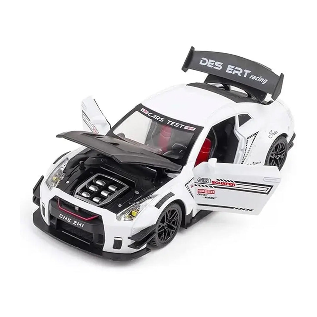 Nissan GTR Sports Model Diecast Metal Pull back Toy Car Light Music 1:24 Scale (White)