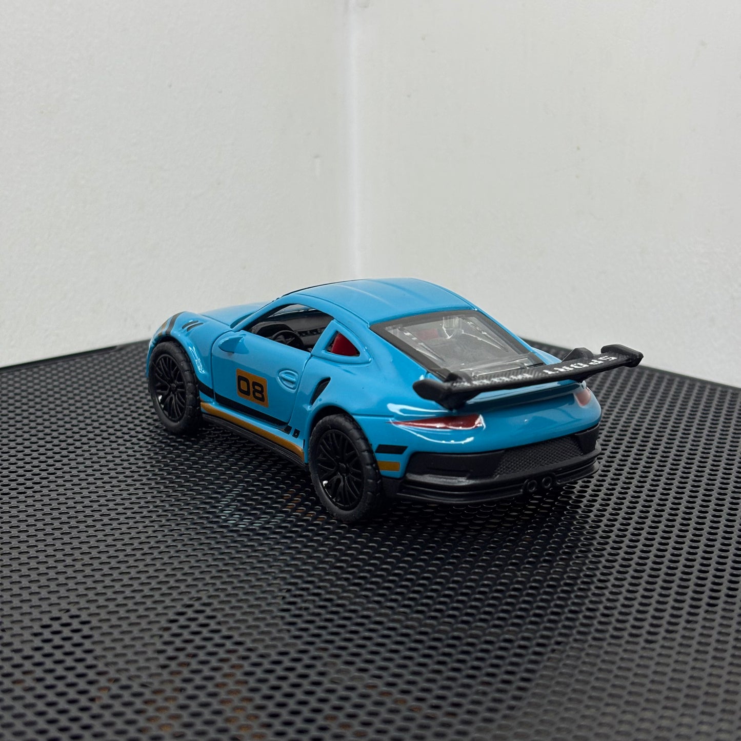 Porsche 911 Blue GT RS Diecast Sports Car Toy – 1:36 Scale with Gold Stripes, Metal Body & Pullback Action