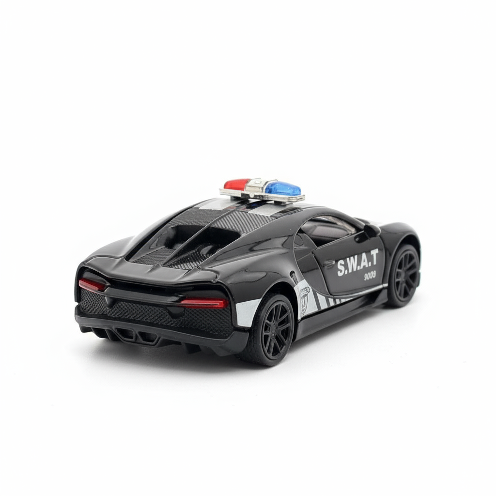 Bugatti Chiron Police Edition 1:43 Diecast Model Car โ Metal Body with Side Door Opening & Pullback Action Toy Vehicle