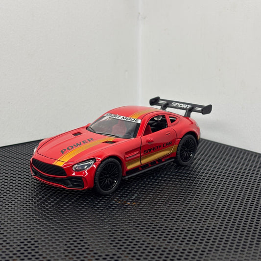 Red Safety Sports Car Diecast Toy – 1:36 Scale with Gold Stripes, Pullback Action & Metal Body