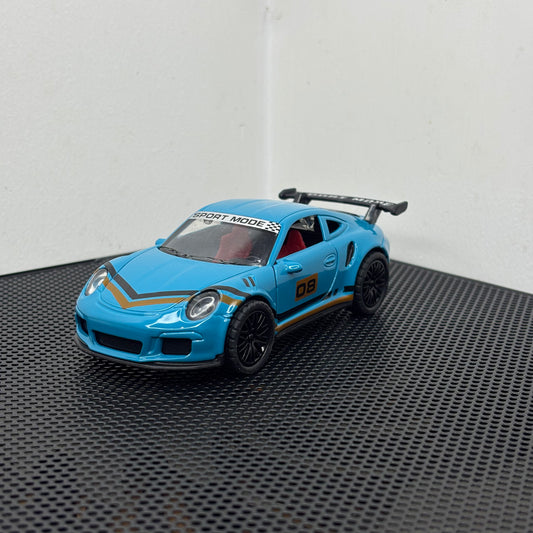 Porsche 911 Blue GT RS Diecast Sports Car Toy – 1:36 Scale with Gold Stripes, Metal Body & Pullback Action