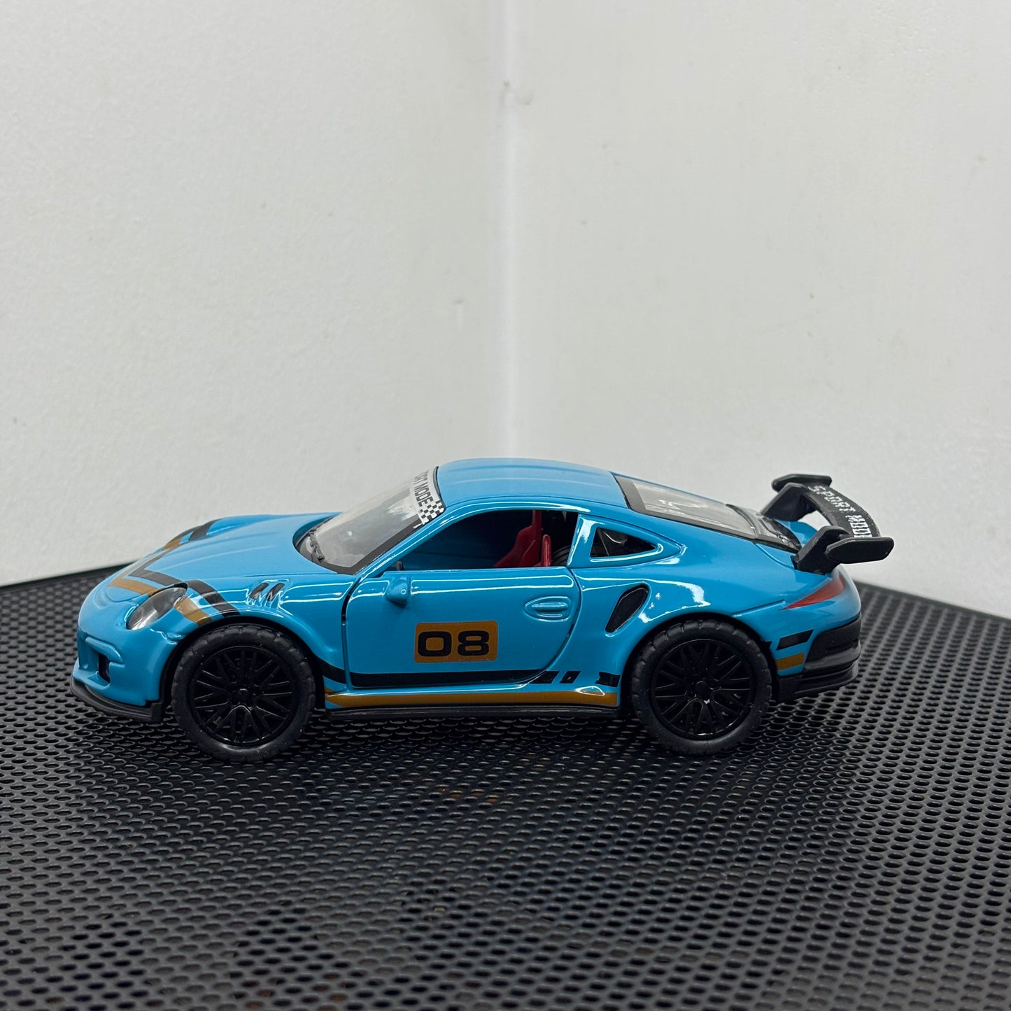 Porsche 911 Blue GT RS Diecast Sports Car Toy – 1:36 Scale with Gold Stripes, Metal Body & Pullback Action