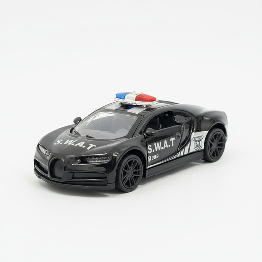 Bugatti Chiron Police Edition 1:43 Diecast Model Car – Metal Body with Side Door Opening & Pullback Action Toy Vehicle