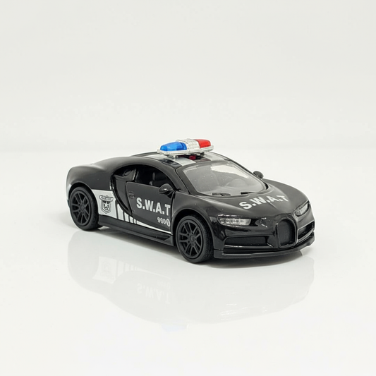 Bugatti Chiron Police Edition 1:43 Diecast Model Car – Metal Body with Side Door Opening & Pullback Action Toy Vehicle