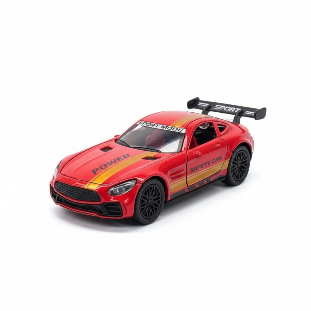 Red Safety Sports Car Diecast Toy – 1:36 Scale with Gold Stripes, Pullback Action & Metal Body