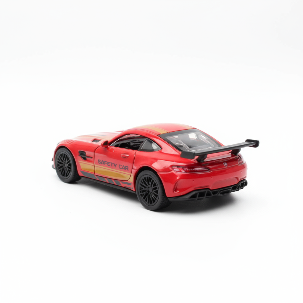 Red Safety Sports Car Diecast Toy – 1:36 Scale with Gold Stripes, Pullback Action & Metal Body