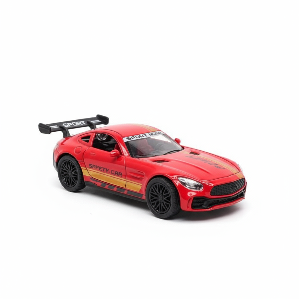Red Safety Sports Car Diecast Toy – 1:36 Scale with Gold Stripes, Pullback Action & Metal Body